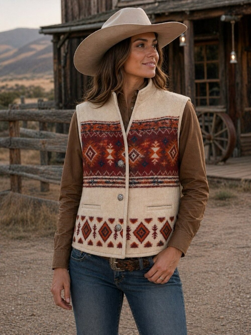 Orvis Womens Medium Southwestern Aztec Fleece Vest Button Front Pockets